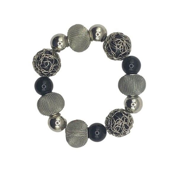 Vintage Mixed Silver and Black Beaded Bracelet - Picture 4 of 6